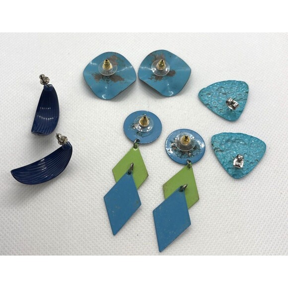 Vintage Lot of 4 Pairs Blue Green Pierced Earrings 80s 90s Geometric Statement - Picture 8 of 13